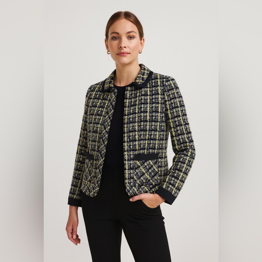 Ann Taylor Women's Navy and Yellow Tweed Jacket Size 0